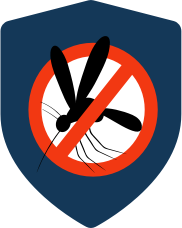 Escudo con símbolo de prohibición sobre un mosquito, representando la prevención y protección contra el dengue