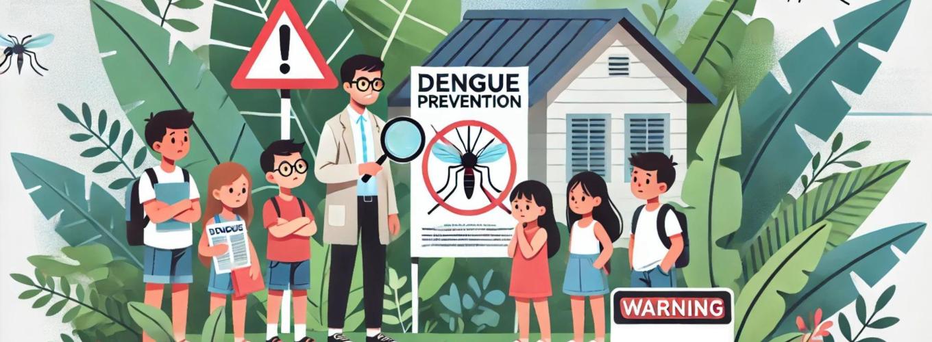 Ilustración en un estilo de diseño plano minimalista que representa una escena sobre la prevención del dengue en niños. El fondo muestra un entorno tropical