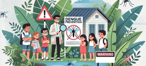 Ilustración en un estilo de diseño plano minimalista que representa una escena sobre la prevención del dengue en niños. El fondo muestra un entorno tropical